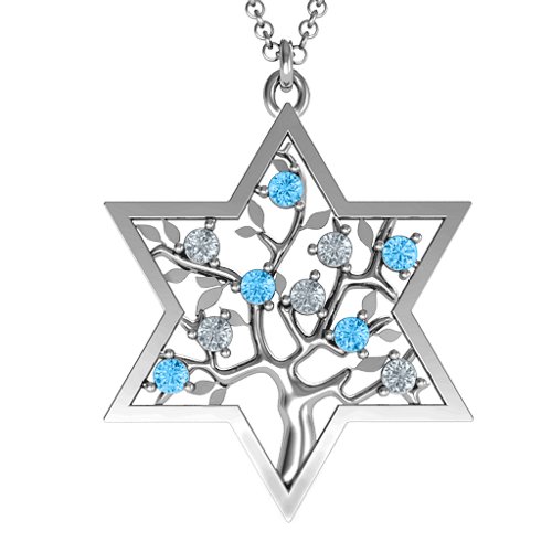 Tree of Life in Star of David Pendant – Sterling Silver with Blue Topaz and Cubic Zirconia