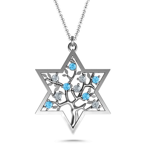 Tree of Life in Star of David Pendant – Sterling Silver with Blue Topaz and Cubic Zirconia