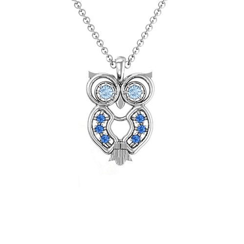 Wise Owl Pendant – Sterling Silver with Aquamarine and Fancy Blue Premium Zirconia