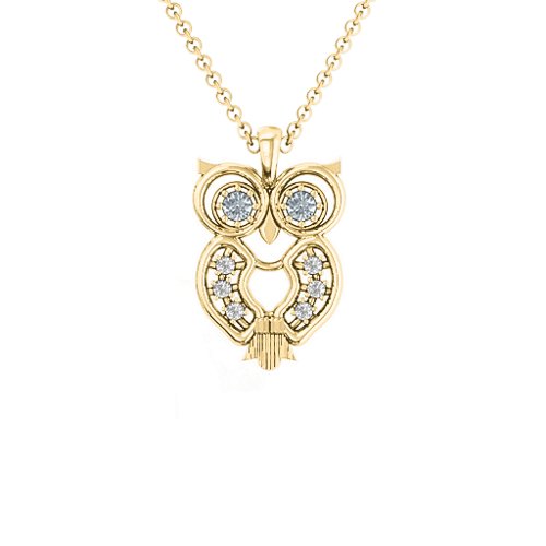Wise Owl Pendant – 10K Yellow Gold with Cubic Zirconia and White Premium Zirconia