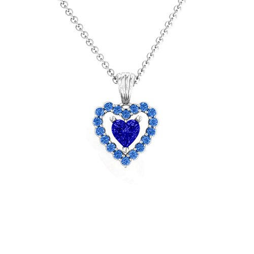 Heart in Heart Halo Pendant – Sterling Silver with Blue Sapphire and Fancy Blue Premium Zirconia
