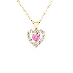Heart in Heart Halo Pendant in 10K Solid Yellow Gold with Pink Tourmaline and White Premium Zirconia
