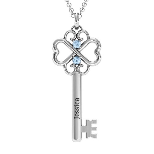Hearts and Clover Infinity Key Pendant – Sterling Silver with Aquamarine