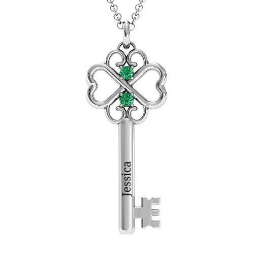 Hearts and Clover Infinity Key Pendant – Sterling Silver with Emerald