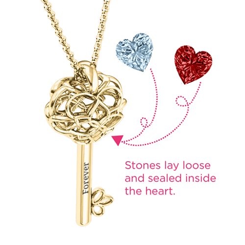 “Beautiful Blossoms” Caged Key Pendant – 10K Yellow Gold with Aquamarine and Garnet