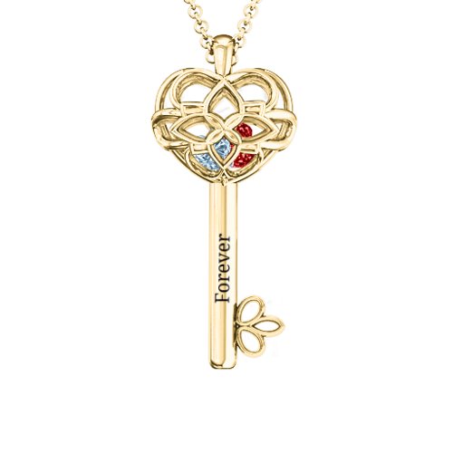 “Beautiful Blossoms” Caged Key Pendant – 10K Yellow Gold with Aquamarine and Garnet
