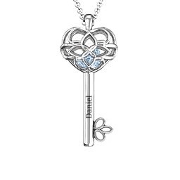 “Beautiful Blossoms” Caged Key Pendant in 925 Sterling Silver with Aquamarine, Emerald, and Cubic Zirconia