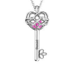 “Beautiful Blossoms” Caged Key Pendant in 925 Sterling Silver with Pink Tourmaline, Emerald, and Cubic Zirconia