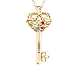 “Beautiful Blossoms” Caged Key Pendant in 10K Solid Yellow Gold with Aquamarine, Garnet, Emerald, and Cubic Zirconia