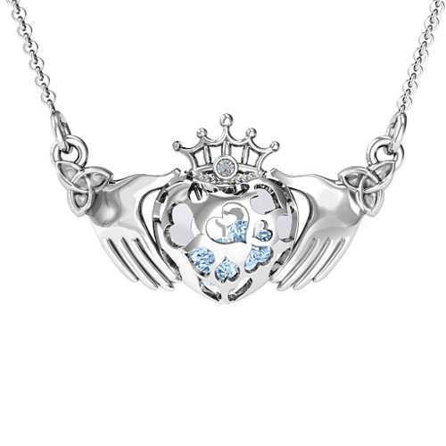 Caged Hearts Claddagh Pendant – Sterling Silver with Aquamarine and Cubic Zirconia
