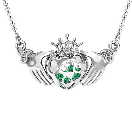 Caged Hearts Claddagh Pendant – Sterling Silver with Emerald and Cubic Zirconia