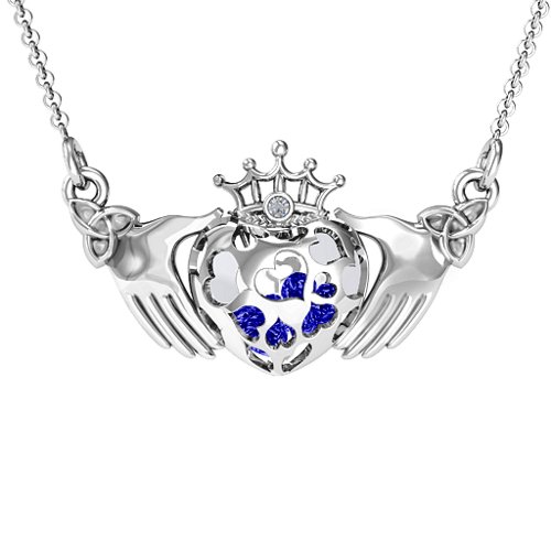 Caged Hearts Claddagh Pendant – Sterling Silver with Blue Sapphire and Cubic Zirconia