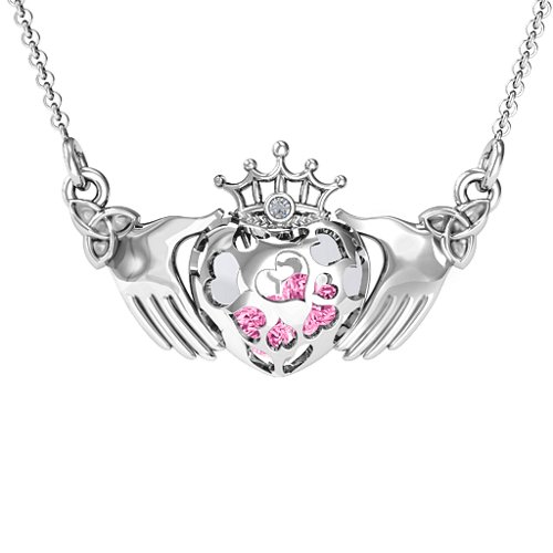 Caged Hearts Claddagh Pendant – Sterling Silver with Pink Tourmaline and Cubic Zirconia