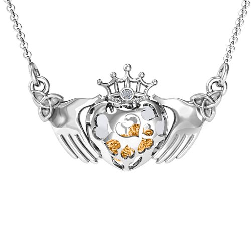 Caged Hearts Claddagh Pendant – Sterling Silver with Citrine and Cubic Zirconia