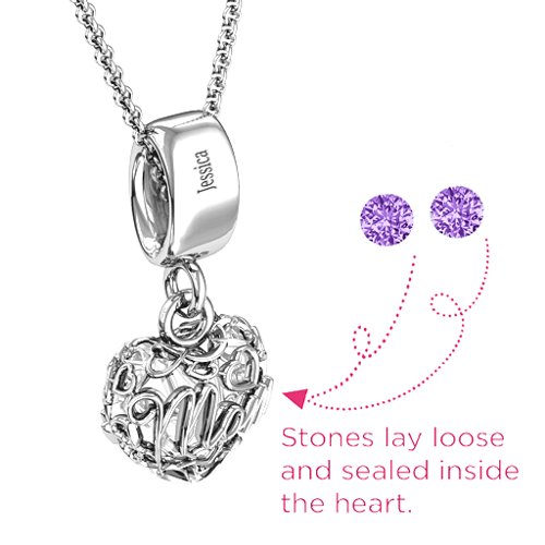 Engravable Mom Heart Cage Pendant with 2-4 Gemstones – Sterling Silver with Amethyst