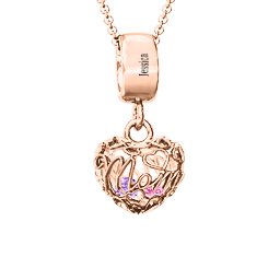 Engravable Mom Heart Cage Pendant with 2-4 Gemstones in 10K Solid Rose Gold with Amethyst, Pink Tourmaline, and Garnet