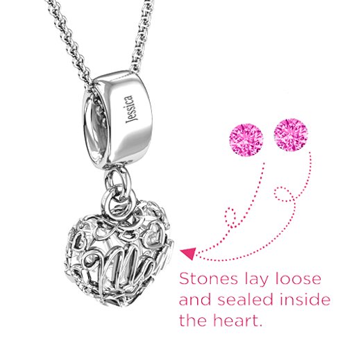 Engravable Mom Heart Cage Pendant with 2-4 Gemstones – Sterling Silver with Pink Tourmaline