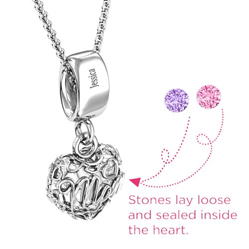Engravable Mom Heart Cage Pendant with 2-4 Gemstones – Sterling Silver with Amethyst and Pink Tourmaline