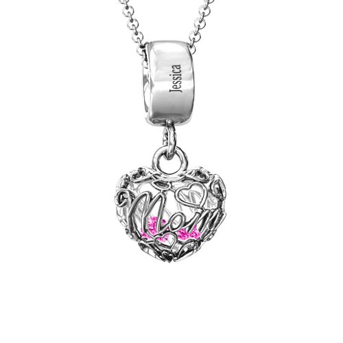 Engravable Mom Heart Cage Pendant with 2-4 Gemstones – Sterling Silver with Pink Tourmaline