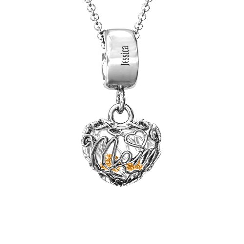 Engravable Mom Heart Cage Pendant with 2-4 Gemstones – Sterling Silver with Citrine