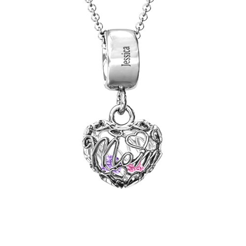 Engravable Mom Heart Cage Pendant with 2-4 Gemstones – Sterling Silver with Amethyst and Pink Tourmaline
