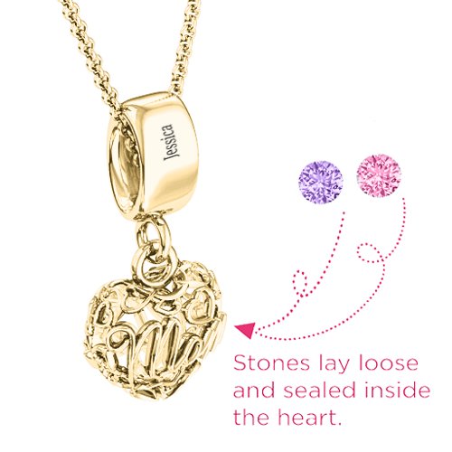 Engravable Mom Heart Cage Pendant with 2-4 Gemstones – 10K Yellow Gold with Amethyst and Pink Tourmaline