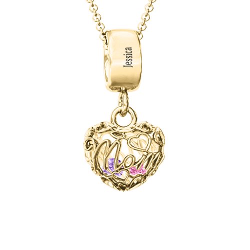 Engravable Mom Heart Cage Pendant with 2-4 Gemstones – 10K Yellow Gold with Amethyst and Pink Tourmaline