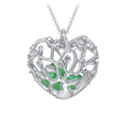 Family Tree Caged Heart Pendant in 925 Sterling Silver with Emerald, Cubic Zirconia, and Blue Sapphire