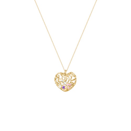 Family Tree Caged Heart Pendant – 10K Yellow Gold with Amethyst, Pink Tourmaline, Cubic Zirconia, and Aquamarine