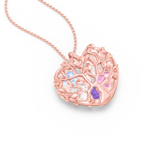 Family Tree Caged Heart Pendant – 10K Rose Gold with Amethyst, Pink Tourmaline, Cubic Zirconia, and Aquamarine