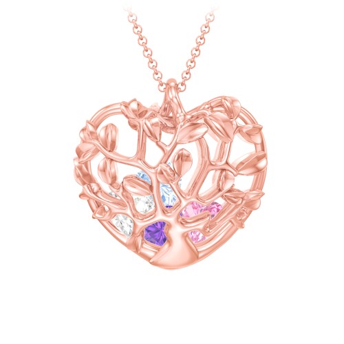 Family Tree Caged Heart Pendant – 10K Rose Gold with Amethyst, Pink Tourmaline, Cubic Zirconia, and Aquamarine