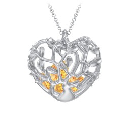 Family Tree Caged Heart Pendant in 925 Sterling Silver with Citrine, Cubic Zirconia, and Blue Sapphire