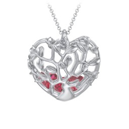 Family Tree Caged Heart Pendant in 925 Sterling Silver with Ruby