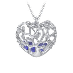 Family Tree Caged Heart Pendant in 925 Sterling Silver with Blue Sapphire