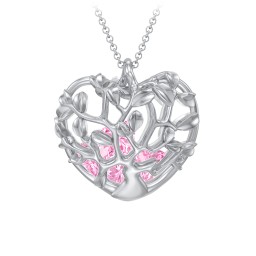 Family Tree Caged Heart Pendant in 925 Sterling Silver with Pink Tourmaline, Cubic Zirconia, and Blue Sapphire