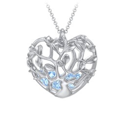 Family Tree Caged Heart Pendant in 925 Sterling Silver with Blue Topaz