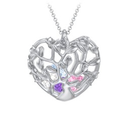 Family Tree Caged Heart Pendant in 925 Sterling Silver with Amethyst, Pink Tourmaline, Cubic Zirconia, Aquamarine, and Blue Sapphire