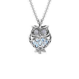 Wise Owl Caged Pendant in 925 Sterling Silver with Aquamarine and Pink Tourmaline