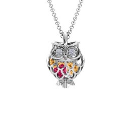 Wise Owl Caged Pendant in 925 Sterling Silver with Ruby and Citrine