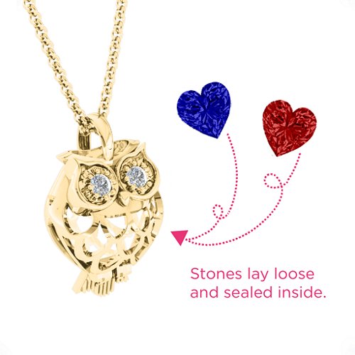 Wise Owl Caged Pendant – 10K Yellow Gold with Garnet, Blue Sapphire, and Cubic Zirconia