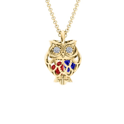 Wise Owl Caged Pendant – 10K Yellow Gold with Garnet, Blue Sapphire, and Cubic Zirconia