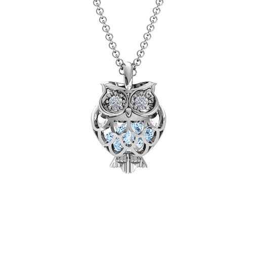 Wise Owl Caged Pendant – Sterling Silver with Aquamarine and Cubic Zirconia
