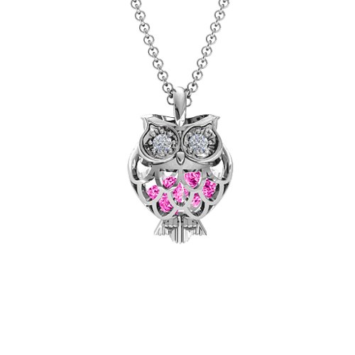Wise Owl Caged Pendant – Sterling Silver with Pink Tourmaline and Cubic Zirconia
