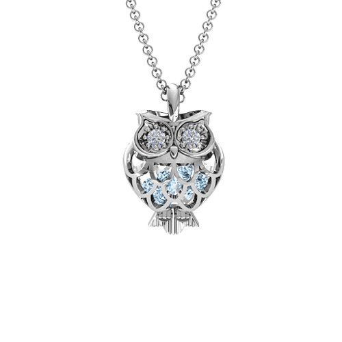 Wise Owl Caged Pendant – Sterling Silver with Aquamarine and Cubic Zirconia