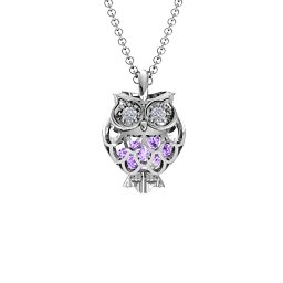 Wise Owl Caged Pendant in 925 Sterling Silver with Amethyst and Pink Tourmaline