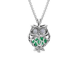 Wise Owl Caged Pendant in 925 Sterling Silver with Emerald and Pink Tourmaline