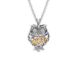 Wise Owl Caged Pendant in 925 Sterling Silver with Citrine and Pink Tourmaline