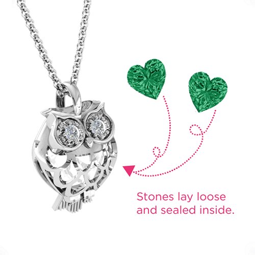 Wise Owl Caged Pendant – Sterling Silver with Emerald and Cubic Zirconia