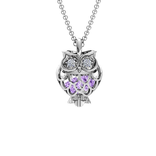 Wise Owl Caged Pendant – Sterling Silver with Amethyst and Cubic Zirconia