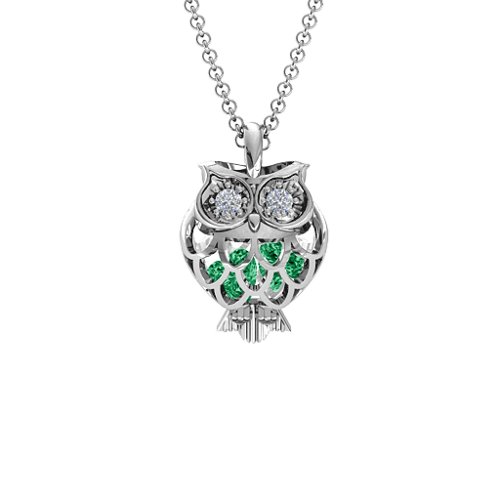 Wise Owl Caged Pendant – Sterling Silver with Emerald and Cubic Zirconia